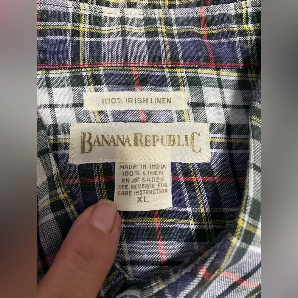 Banana Republic Blue Plaid Irish Linen Long Sleeve Men’s Button Up Shirt Size XL